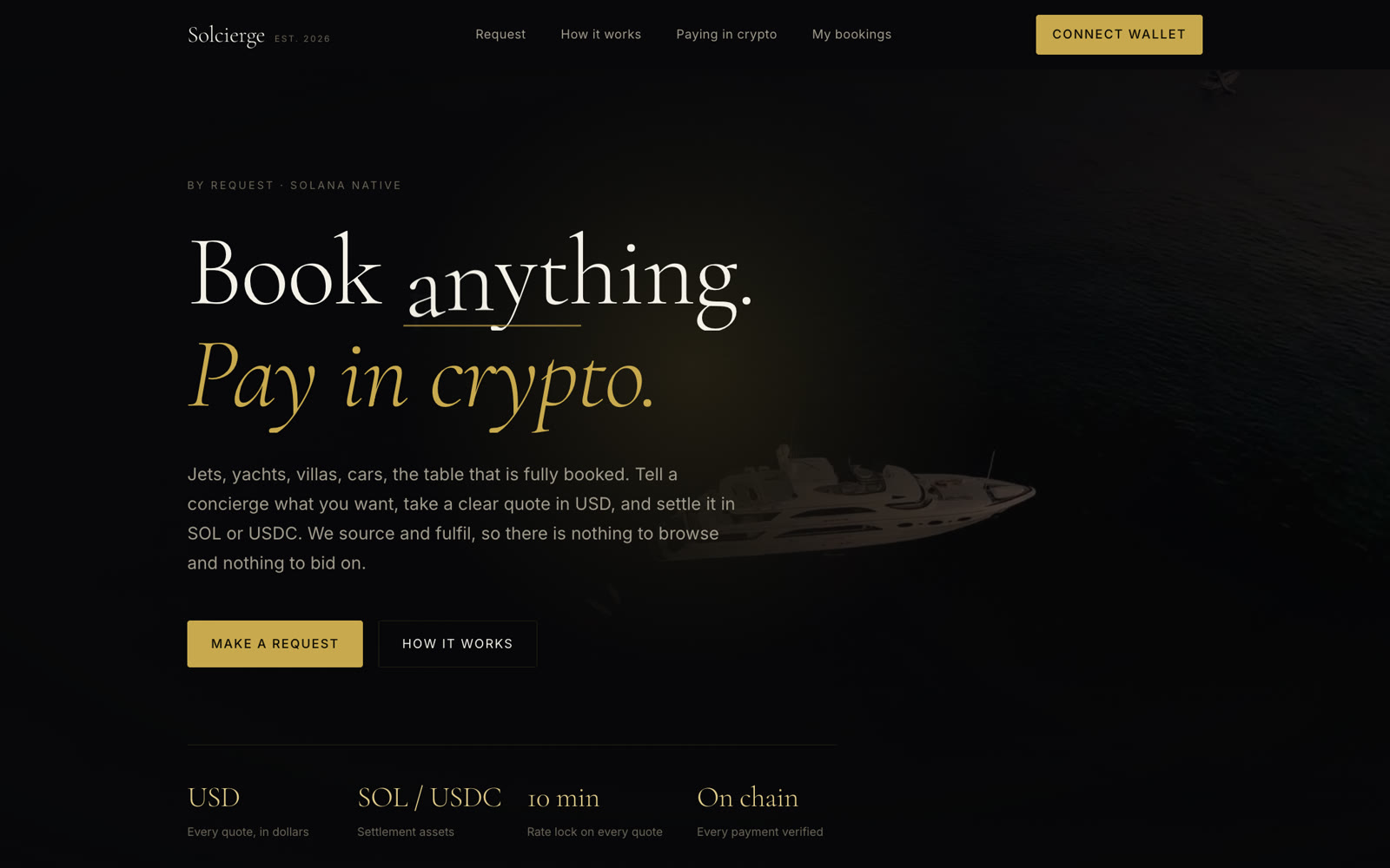 Solcierge homepage on desktop: Book anything. Pay in crypto.